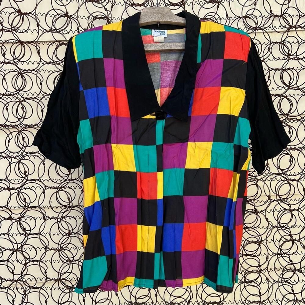 Vintage Bedford Fair Multicolor Square Block S/S Blouse Size 12